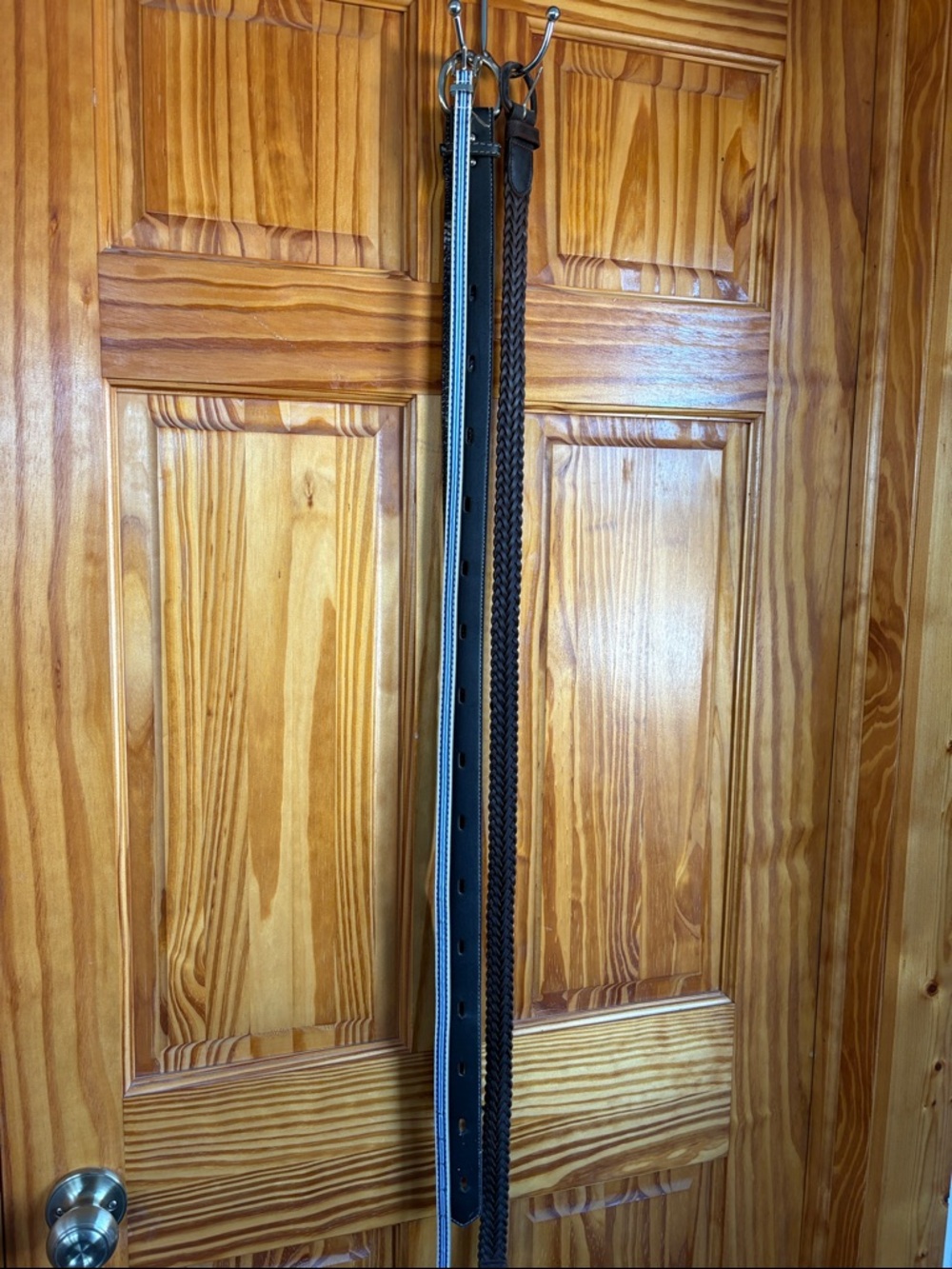 4 belts: brown leather braided, blue skinny, 2 black